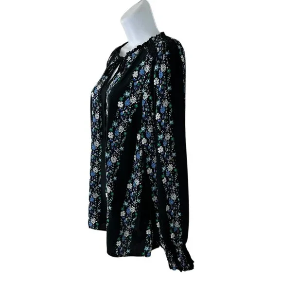 Talbots Women's Size M Dark Floral Striped Smocked Black Blouse - Picture 3 of 9